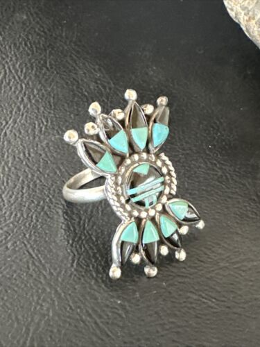 Zuni Blue Turquoise Black Onyx Sunface Inlay Ring | Sterling Silver | Sz 8 | 16432