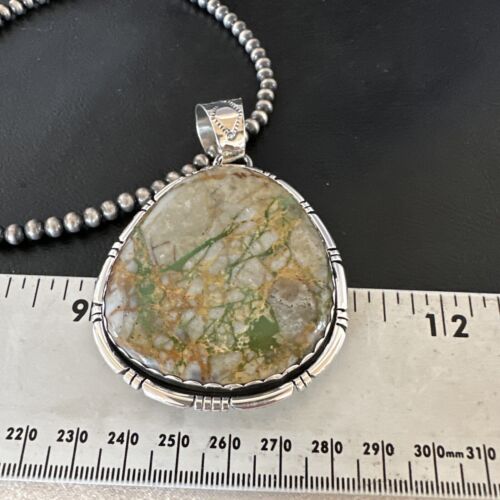 Navajo Sterling Silver Green Boulder Turquoise Necklace Pendant for Men | XL | Authentic Native American | 16365
