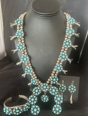 Ultra Rare Old Pawn Kingman Turquoise Squash Blossom Set | Necklace, Bracelet, Pendant, Earrings | Navajo | 15921