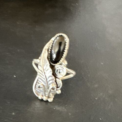 Navajo Black Onyx Ring | Sterling Silver | Sz 7.5 | Authentic Native American Handmade | 15406