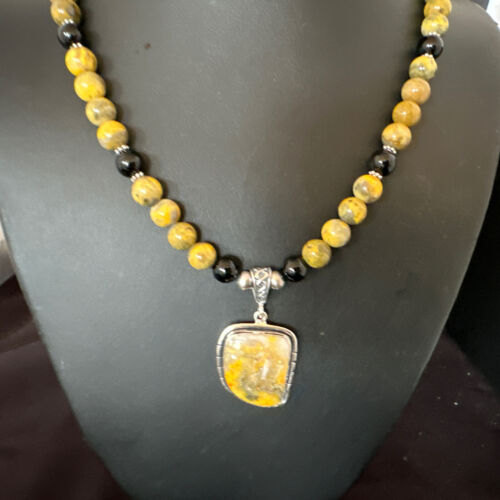 Navajo Bumblebee Jasper Pendant Necklace | Sterling Silver | Native American Handmade | 16015