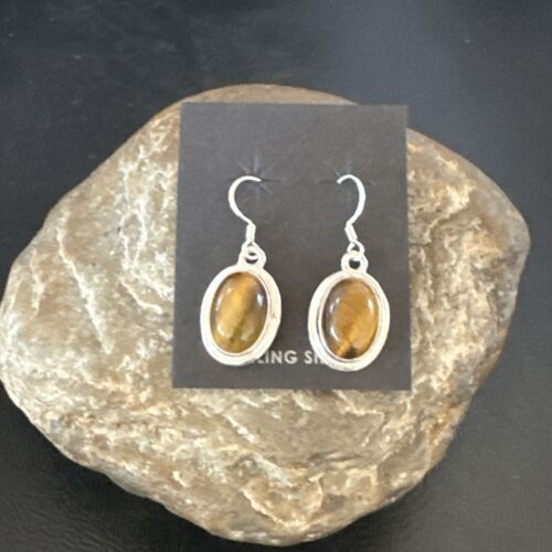 Southwestern Navajo Coffee Tigers Eye Dangle Earrings | Sterling Silver | Authentic Native American Handmade | 16965
