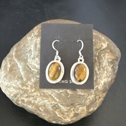 Southwestern Navajo Coffee Tigers Eye Dangle Earrings | Sterling Silver | Authentic Native American Handmade | 16965