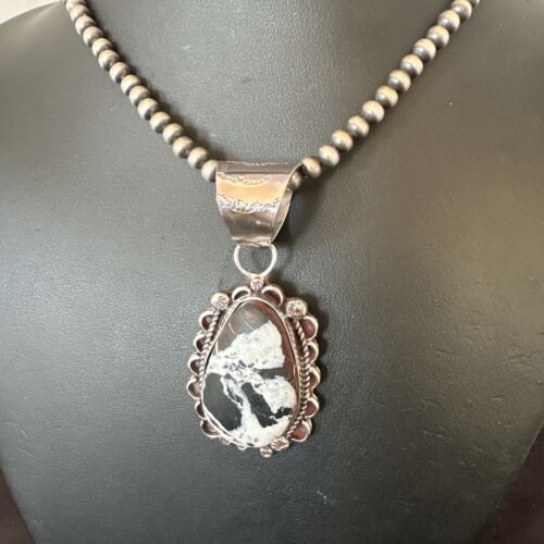 Men's White Buffalo Turquoise Pendant | Navajo Pearl Sterling Silver Necklace 21" | Handmade 17039