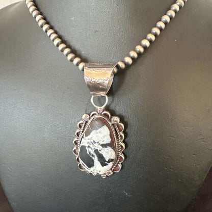 Men's White Buffalo Turquoise Pendant | Navajo Pearl Sterling Silver Necklace 21" | Handmade 17039