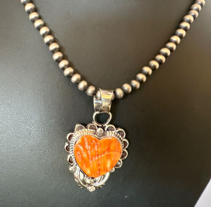 Navajo Orange Spiny Oyster Heart Pendant Necklace | Sterling Silver | Authentic Native American Handmade | 16419