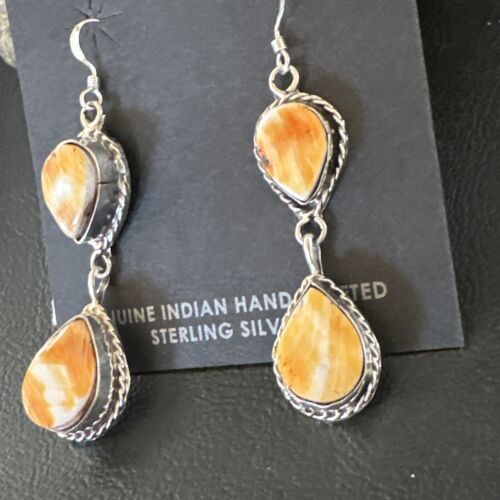 Navajo Orange Spiny Oyster Dangle Earrings | Sterling Silver | 1.5" | Authentic Native American Handmade | 16572