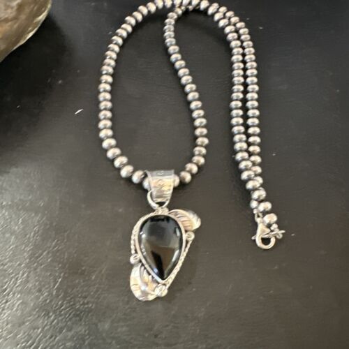 Navajo Pearls Black Onyx Necklace Pendant | Sterling Silver | Authentic Native American Handmade | 16527