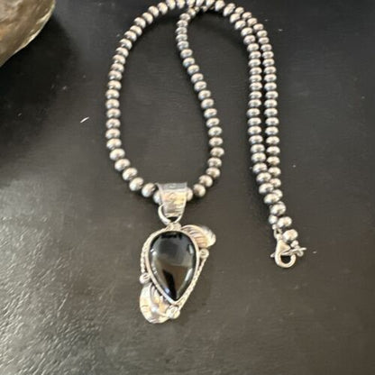 Navajo Pearls Black Onyx Necklace Pendant | Sterling Silver | Authentic Native American Handmade | 16527