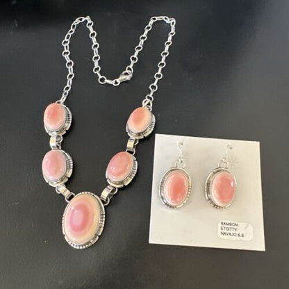 Navajo Pink Conch Choker Necklace | Sterling Silver Pendant 18" | Earrings Set | Authentic Native American Handmade | 16126