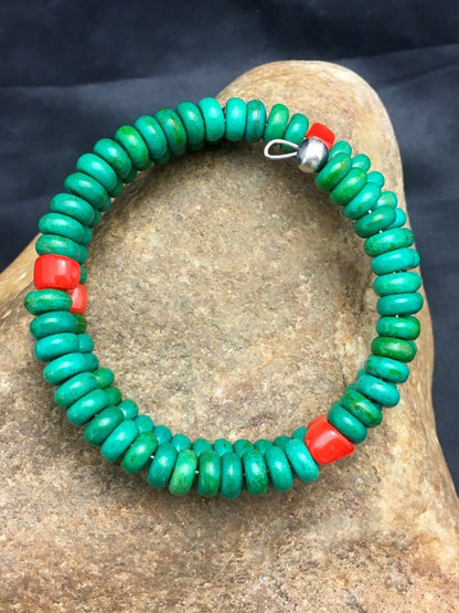 Native American Sterling Silver Bracelet | Coral & Green Turquoise | Handmade Southwestern Jewelry | 1075