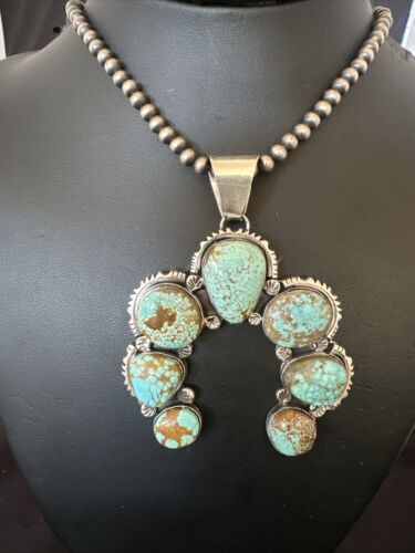 Navajo Blue Turquoise #8 Squash Blossom Necklace Naja Pendant | Sterling Silver | Authentic Native American Handmade | 16896