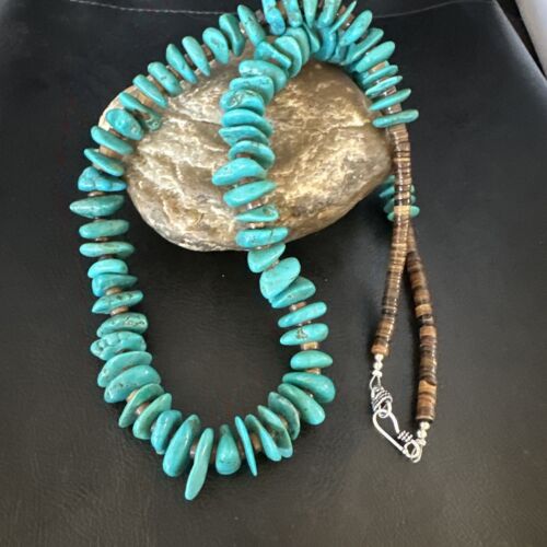Navajo Blue Kingman Nugget Turquoise Necklace | Sterling Silver | 26" | Authentic Native American Handmade | 15289