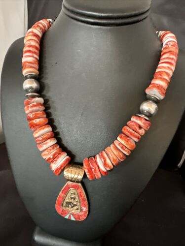 Navajo Red Spiny Oyster Pendant Necklace | Sterling Silver | Brass Inlay | Authentic Native American Handmade | 15789