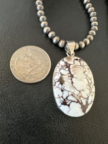 Navajo Wild Horse Turquoise Pendant Necklace | Sterling Silver Pearls | Authentic Native American Handmade | 15716