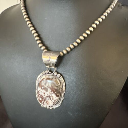 Navajo Wild Horse Turquoise Pendant Necklace | Sterling Silver | Authentic Native American Handmade | 17511