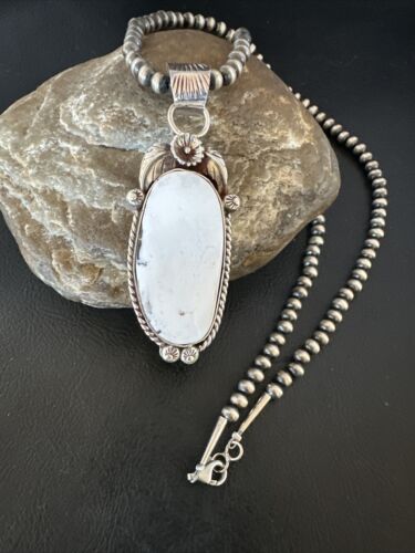 Navajo White Buffalo Turquoise Pendant Necklace | Sterling Silver | Authentic Native American Handmade | 15616