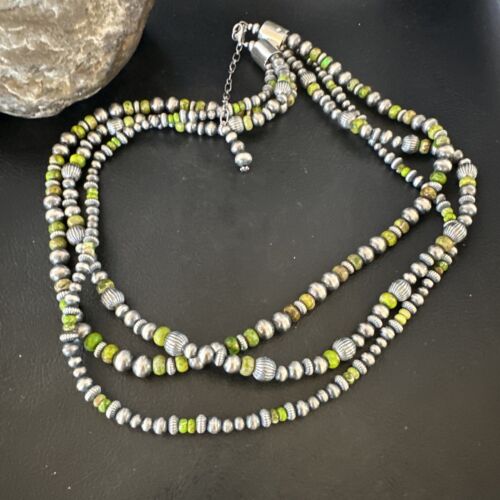 Navajo Pearls Green Turquoise Necklace | Sterling Silver | 3 Strand | 16403