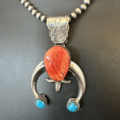 Navajo Blue Turquoise Red Spiny Oyster Naja Pendant | Sterling Silver | Authentic Native American Handmade | 16405