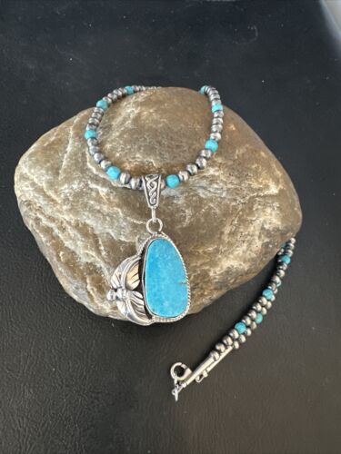Navajo Pearls Kingman Turquoise Pendant Necklace | Sterling Silver | Authentic Native American Handmade | 14889