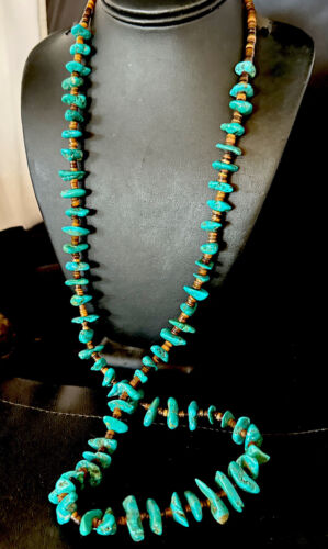 Navajo Blue Kingman Nugget Turquoise Necklace | Sterling Silver | 36" | Authentic Native American Handmade | 15286
