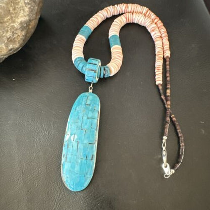 Santo Domingo Turquoise Spiny Oyster Inlay Pendant Necklace | Sterling Silver | 22" | 17437
