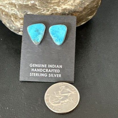 Navajo Blue Kingman Turquoise Post Stud Earrings | Sterling Silver | Authentic Native American Handmade | 17412
