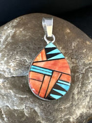 Women's Blue Turquoise & Spiny Oyster Inlay Pendant | Navajo Sterling Silver | Authentic Native American Jewelry | 15196