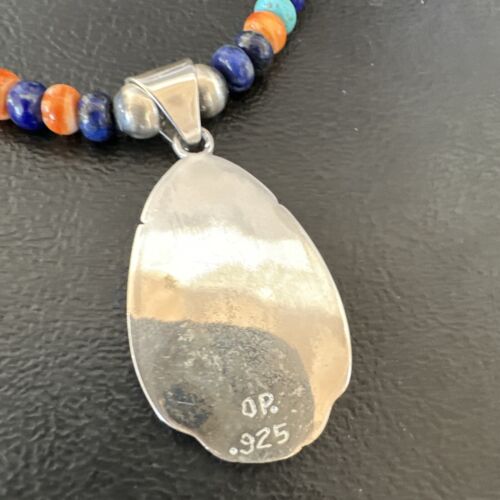 Navajo Spiny Oyster Turquoise Lapis Inlay Pendant Necklace | Sterling Silver | 21" | Authentic Native American Handmade | 16629