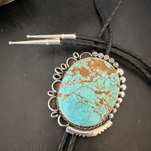 XL Men's Blue Turquoise #8 Bolo Tie | Navajo Sterling Silver | Authentic Native American Handmade | 17006