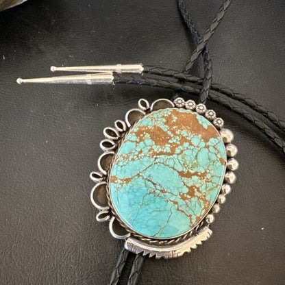 XL Men's Blue Turquoise #8 Bolo Tie | Navajo Sterling Silver | Authentic Native American Handmade | 17006