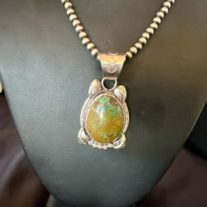 Men's Navajo Green Turquoise Pendant Necklace | Sterling Silver | Authentic Native American Handmade | 17527