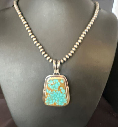 Men's Blue #8 Turquoise Pendant Necklace | Navajo Sterling Silver | Authentic Native American Handmade | 14973