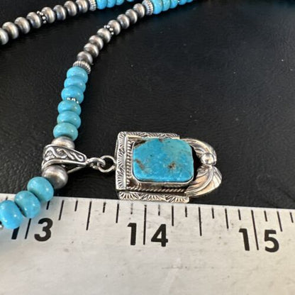 Navajo Blue Turquoise Pendant Necklace | Sterling Silver Pearls | Authentic Native American Handmade | 15420