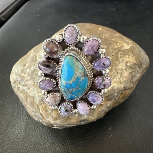 Navajo Cluster Blue Kingman Turquoise Charoite Ring | Authentic Native American Sterling Silver | Multi-Stone | Sz 9 | 17179