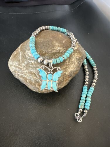 Navajo Butterfly Blue Ridge Turquoise Inlay Pendant | Sterling Silver Necklace | Authentic Native American Handmade | 17059