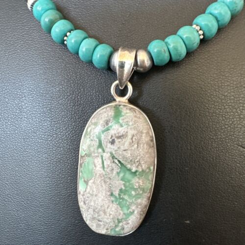 Navajo Teal Blue Turquoise Pendant Necklace | Sterling Silver | Authentic Native American Handmade | 16339