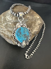 Navajo Blue Turquoise Pendant Necklace | Sterling Silver Pearls | Authentic Native American Handmade | 15639