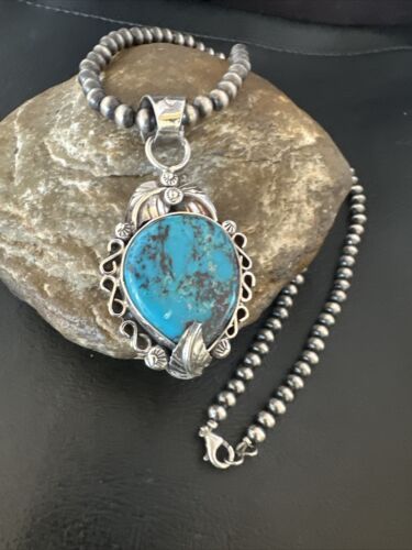 Navajo Blue Turquoise Pendant Necklace | Sterling Silver Pearls | Authentic Native American Handmade | 15639