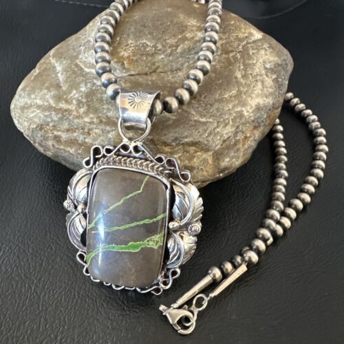 Navajo Green Boulder Turquoise Necklace Pendant | Sterling Silver | Men's Women's | 16134