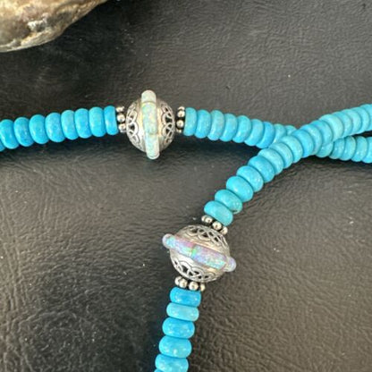 Men's Blue Turquoise Navajo Necklace | Sterling Silver Feather Opal Pendant | Native American Handmade | 17438
