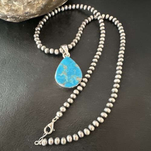 Navajo Blue Kingman Turquoise Pendant Necklace | Sterling Silver | 20" | Authentic Native American Handmade | 17012