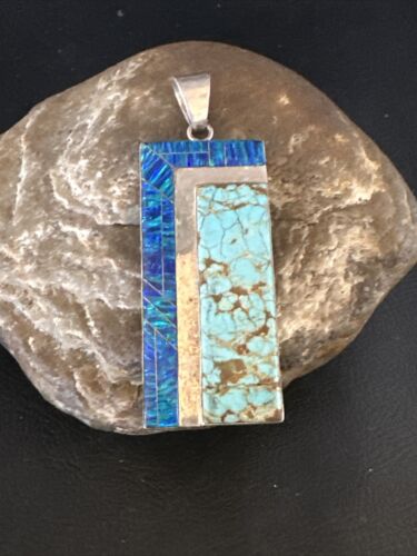 Men's Women's Blue #8 Turquoise Opal Inlay Pendant | Navajo Sterling Silver | 15198