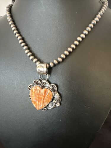 Navajo Orange Spiny Oyster Heart Pendant Necklace | Sterling Silver | Authentic Native American Handmade | 16420