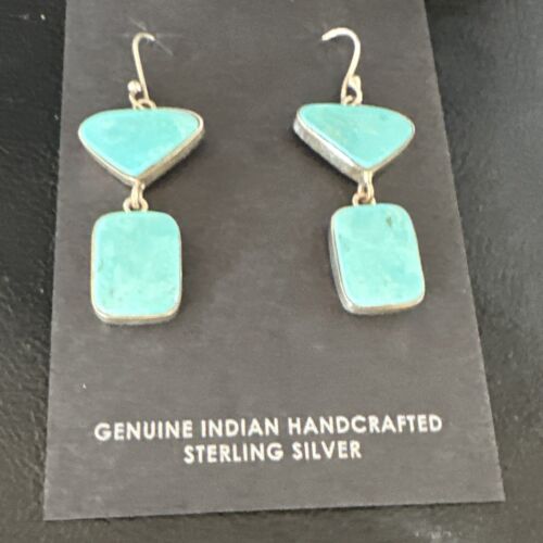 Navajo Blue Kingman Turquoise Dangle Earrings | Sterling Silver | Authentic Native American Handmade | 15121