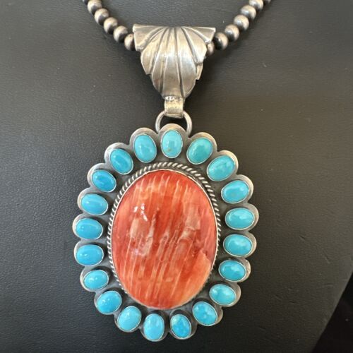 Navajo Kingman Turquoise & Red Spiny Oyster Pendant | Sterling Silver | Authentic Native American Handmade | 15449
