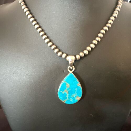 Navajo Blue Kingman Turquoise Pendant Necklace | Sterling Silver | 20" | Authentic Native American Handmade | 17012