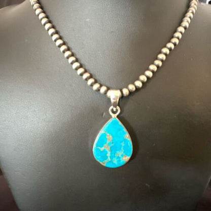 Navajo Blue Kingman Turquoise Pendant Necklace | Sterling Silver | 20" | Authentic Native American Handmade | 17012