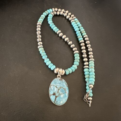 Navajo Blue Spiderweb Turquoise Pendant Necklace | Sterling Silver | Authentic Native American Handmade | 17080