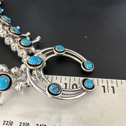 Navajo Kingman Turquoise Shadowbox Squash Blossom Necklace | Sterling Silver | Authentic Native American Handmade | 16091